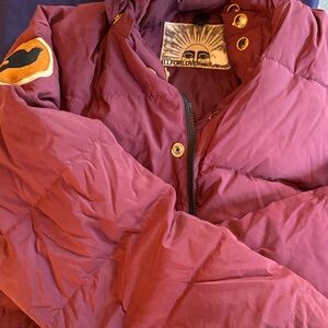 Free City Burgundy Goose Down Puffer Jacket (Hooded) with Gold Accents